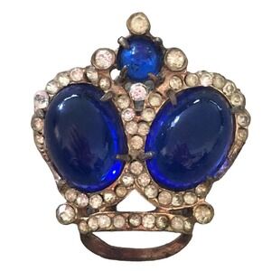 Vintage Sterling silver Blue Jelly Belly cabochon Rhinestone crown pin brooch